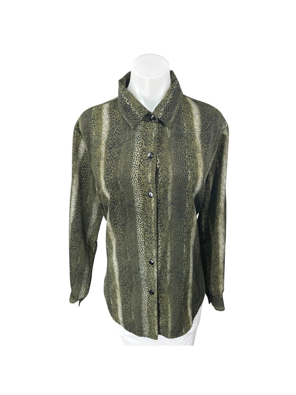 Apparenza Green Reptile Animal Print Long Sleeve Button Down Shirt Blouse Top L